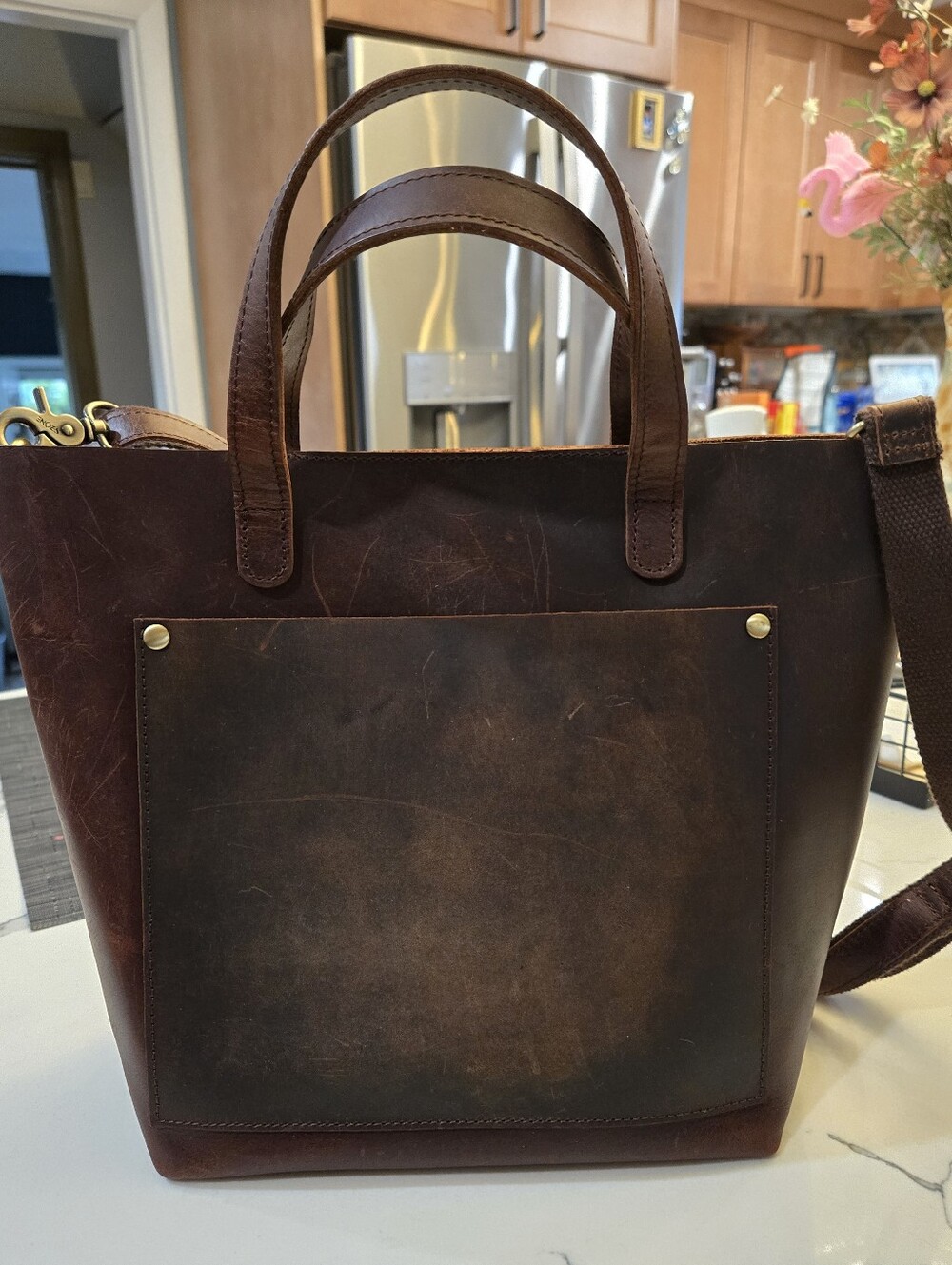 S Zone Dark Brown Leather Tote with Front Pocket